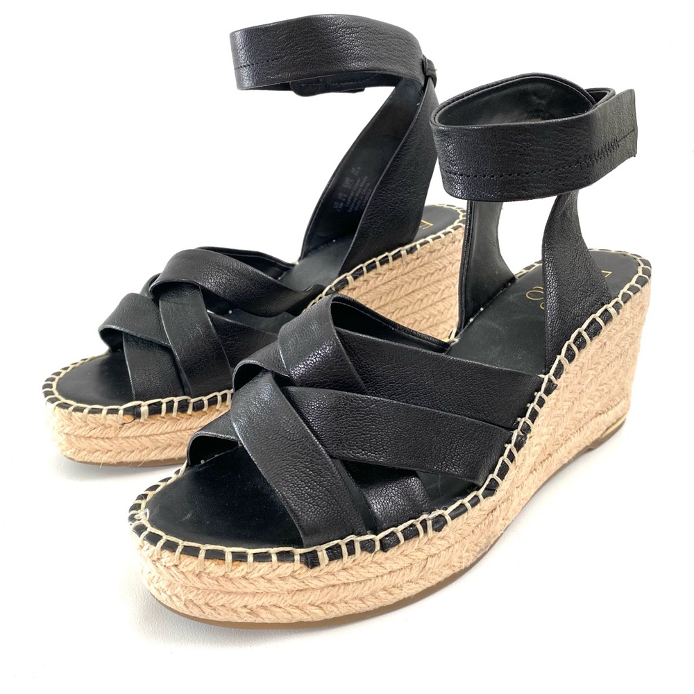 Franco Sarto Platform Wedge Espadrilles Ankle Strap Sandals 7.5 M Black Open Toe